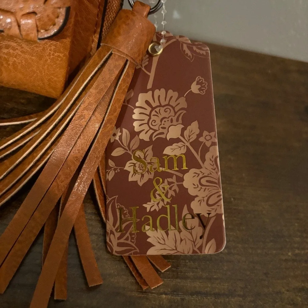 Sam & Hadley Cognac Brown‎ Vegan Leather Embroidered Beaded Crossbody Bag
